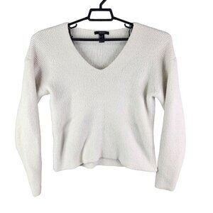 Womens White Forever 21 Knit Sweater V Neck Long Sleeve Size S